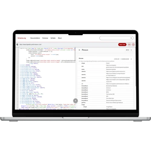 Laptop zeigt die Schema.org-Validierung der Website lignadis-performance.com mit korrekt strukturiertem JSON-LD-Markup vom Typ „Person“.