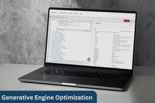 Laptop mit geöffnetem schema.org-Validator, sichtbarem JSON-LD-Code – Darstellung für Generative Engine Optimization.